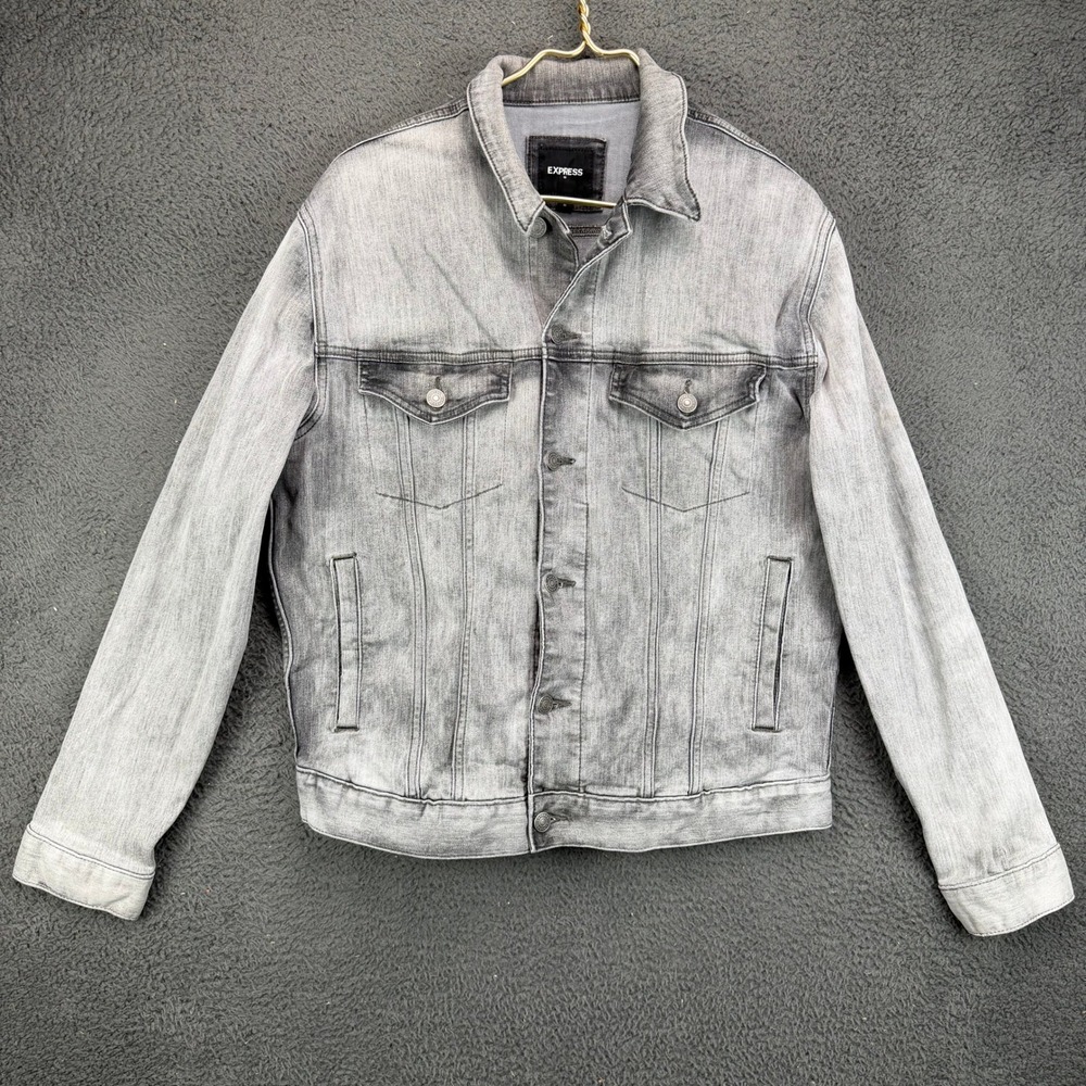 Express Mens Denim Trucker Jacket Medium Light Gray Acid Wash Cotton Blend